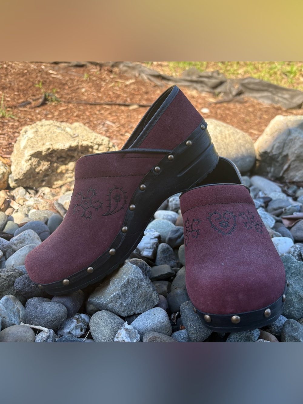 Sanita Burgundy Suede Studded Clogs 38 - Picture 2 of 6